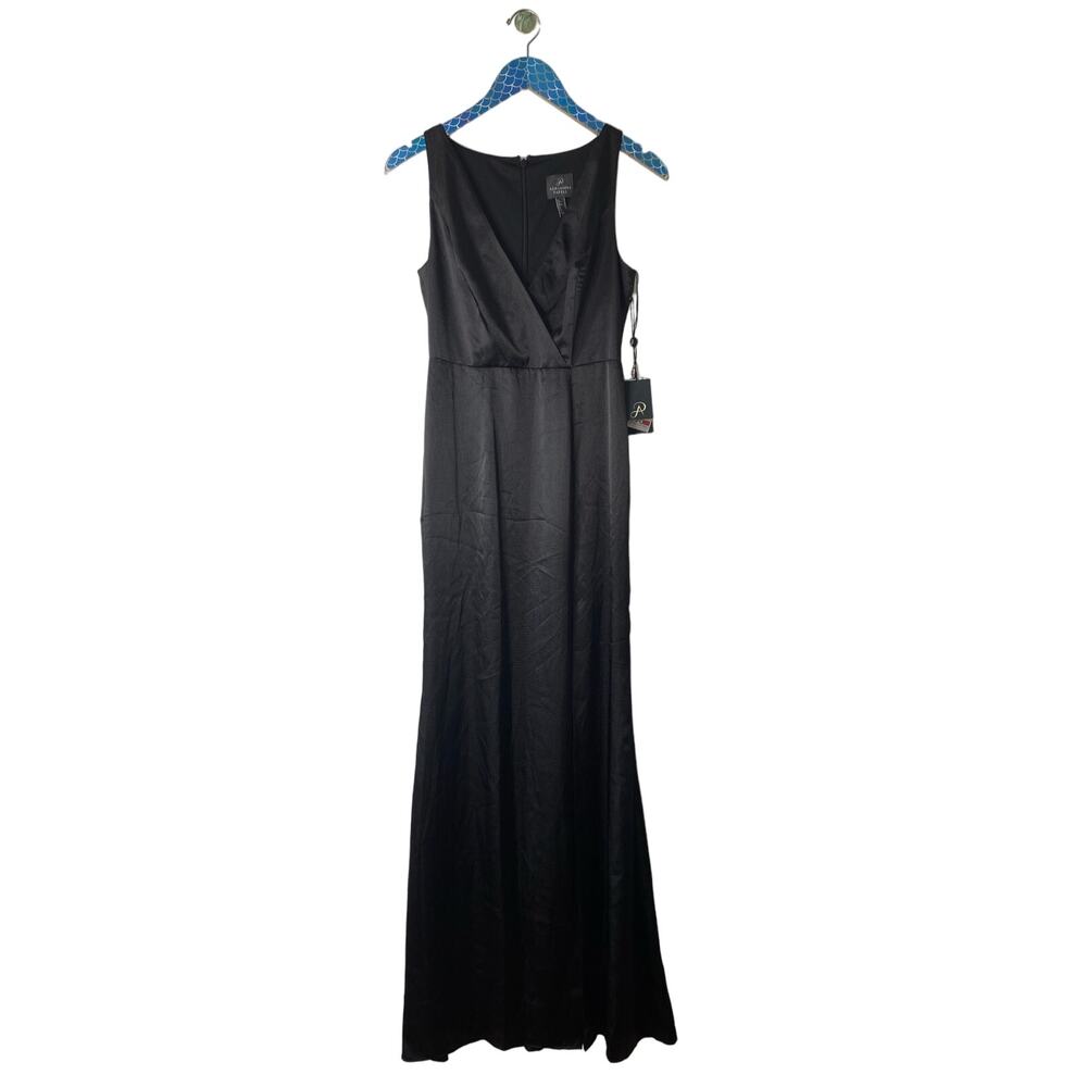 New ADRIANNA PAPELL Black Hammered Satin Slit Maxi Evening Gown Dress Size 2 - Picture 2 of 13
